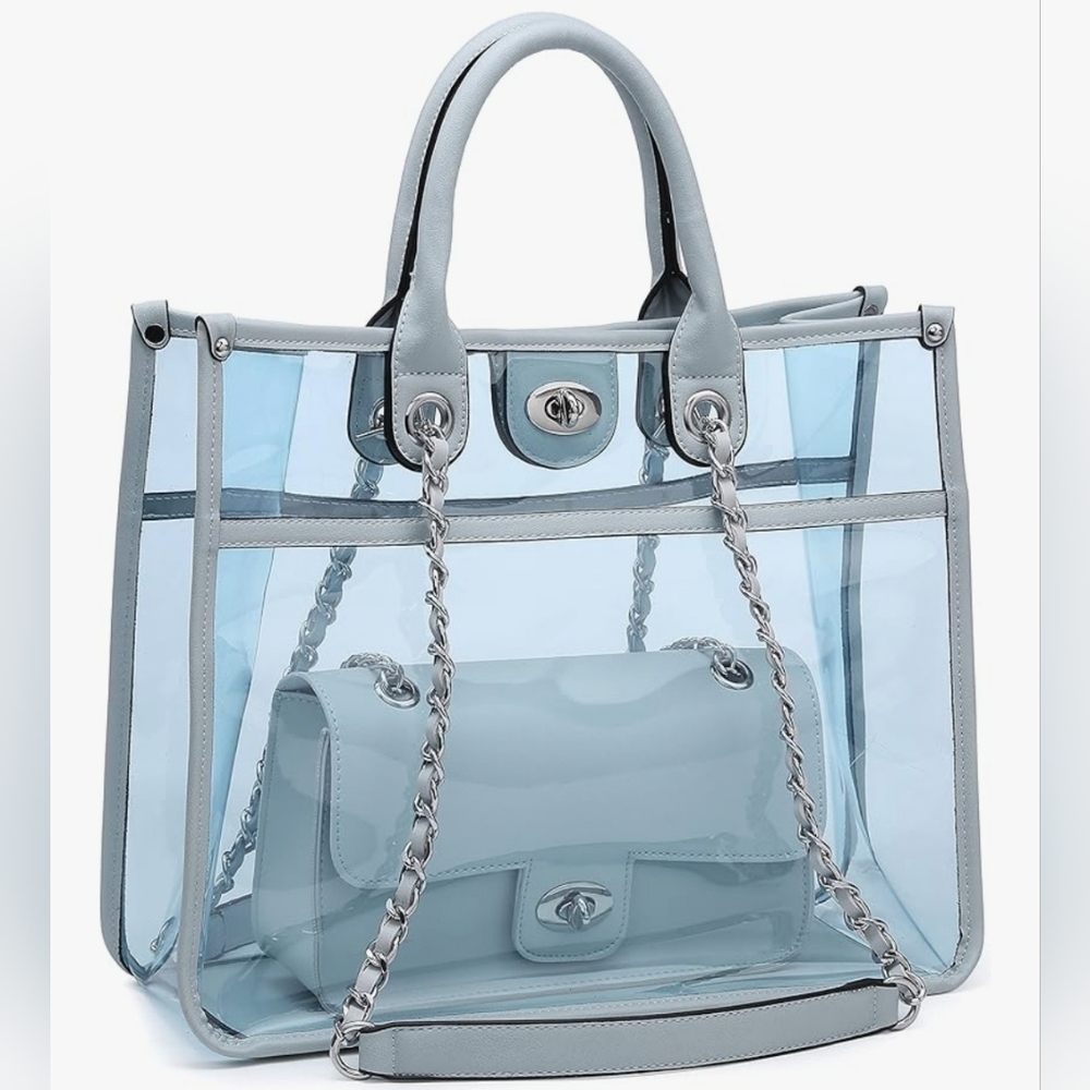 2pcs Trendy Blue Transparent Tote Bag And Crossbody